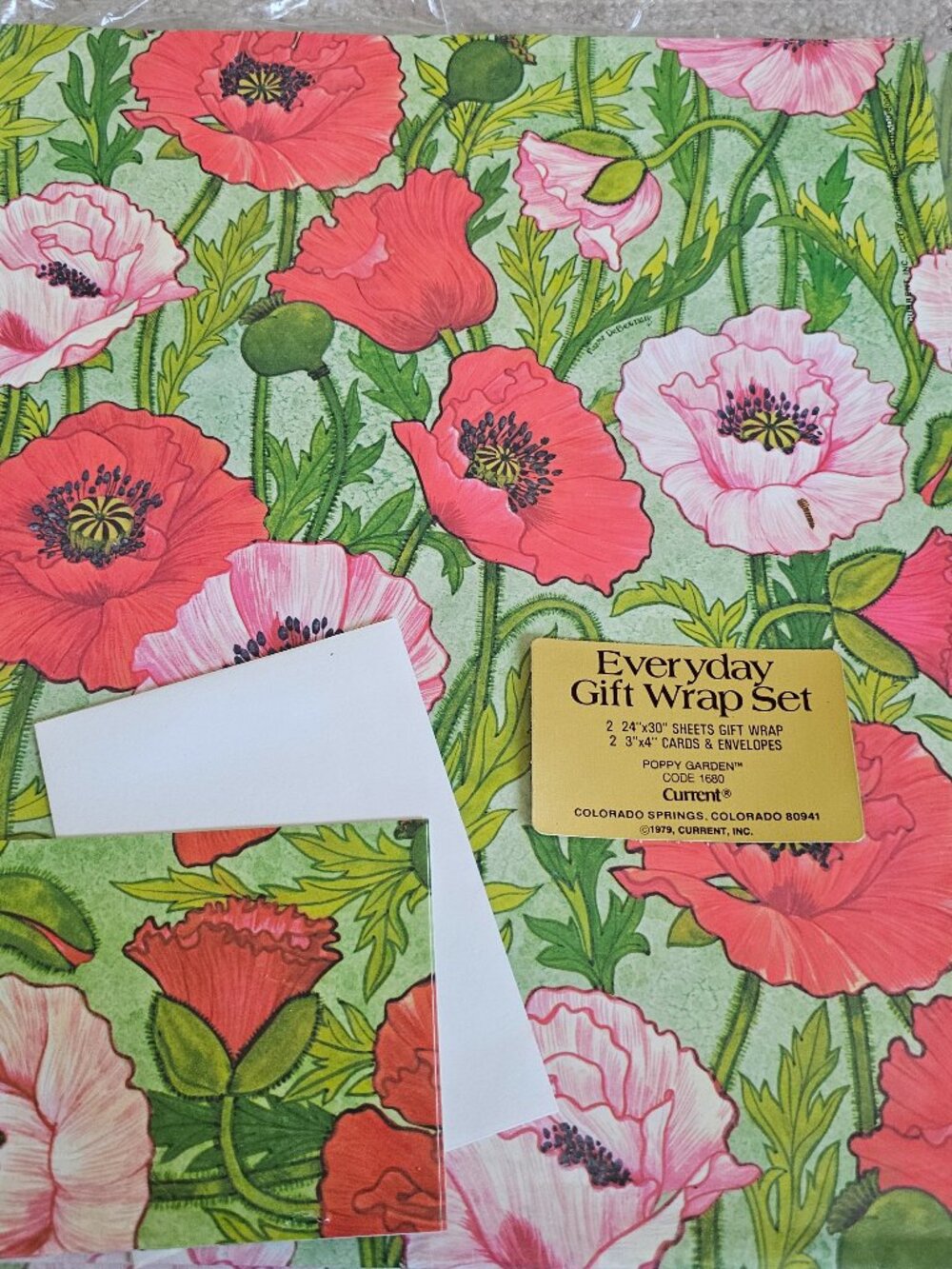 Vtg Current Gift Wrap 1979 POPPY GARDEN Poppies Wrapping Paper 2 Sheets 2 Cards